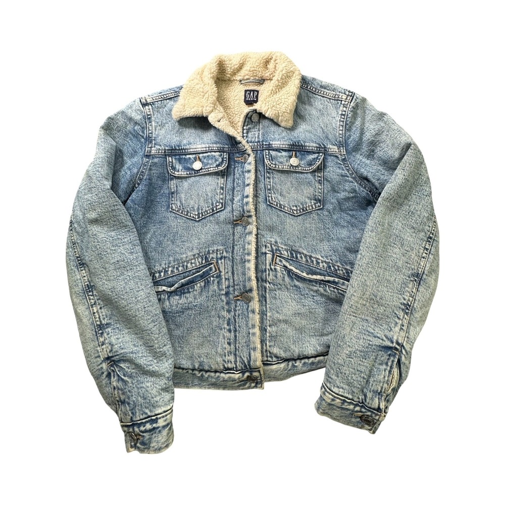 Gap Denim Jacket Womens S Sherpa Lined Acid Wash Cotton